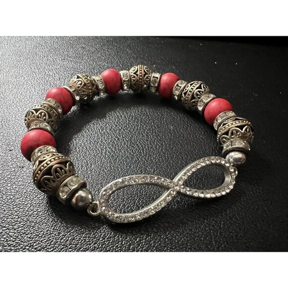 Silver Gold & Red Beaded Stretchy Bracelet with Sparkly Infinity Charm - Picture 3 of 6